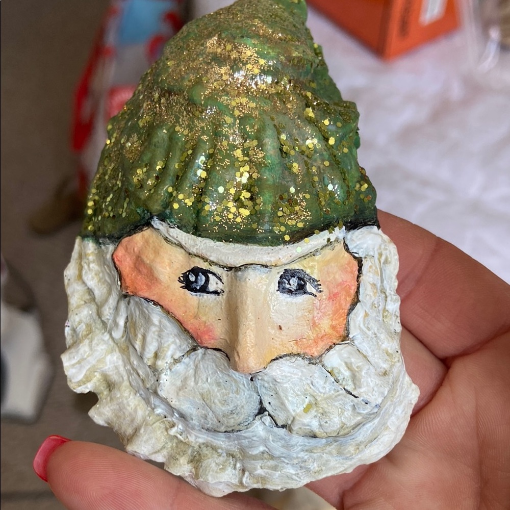 Handcrafted Santa Ornament with Green Hat